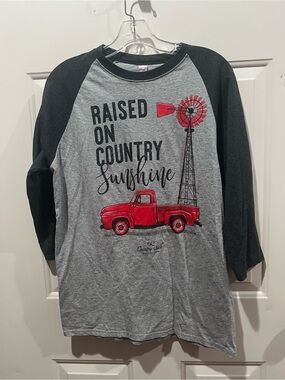 Raised On Country Sunshine Raglan Tee - Gray & Black with Red Truck